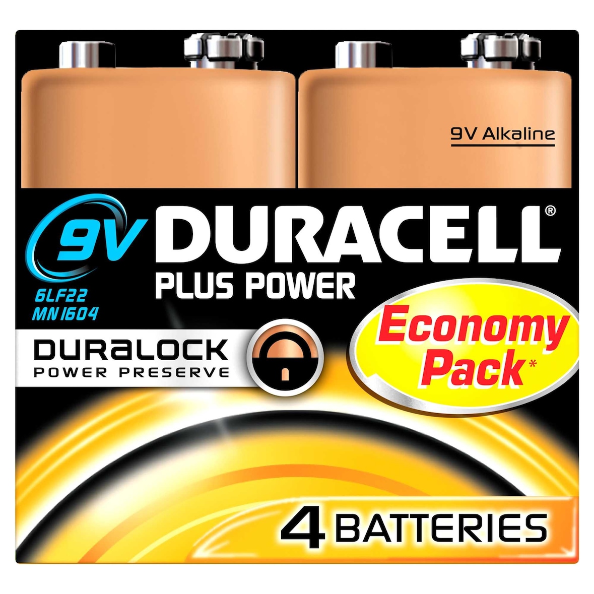 Duracell Batterie Alkaline, E-Block, 6LR61, 9V Plus, Extra Life, Retail Blister (4-Pack)