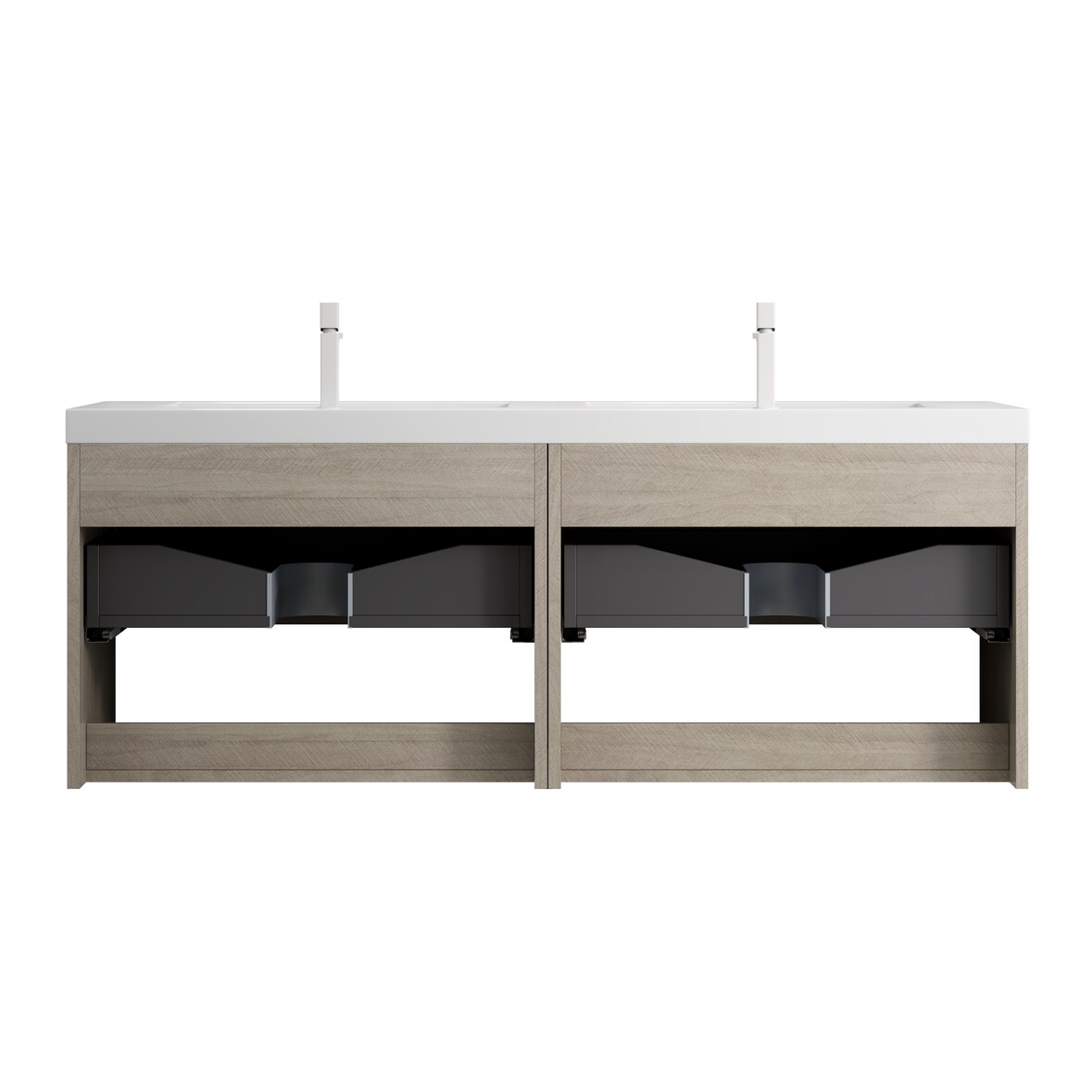 Badezimmer-Waschtisch 53×140×46 cm mit 2 weißen Resinbecken, Eiche Hell, 2 Schubladen und 2 offenen Regalen