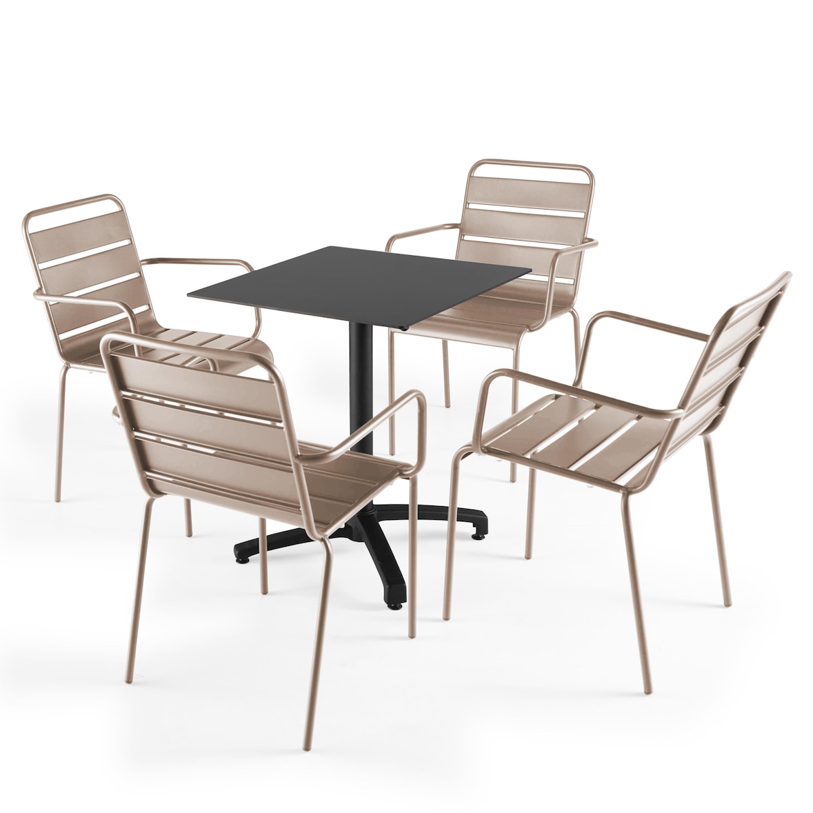 Set aus schwarzem Laminat-Terrassentisch und 4 taupefarbenen Sesseln