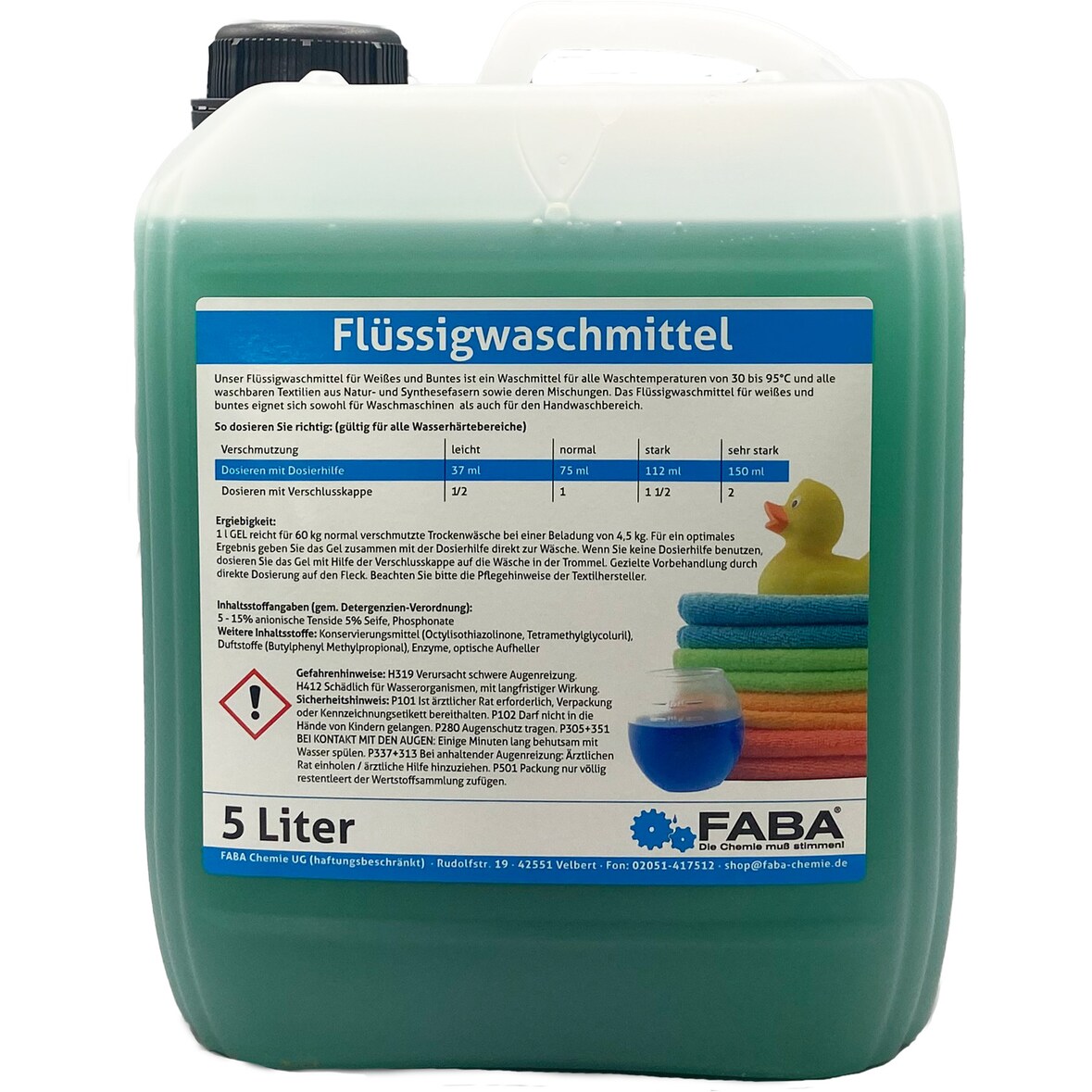FABA Flüssigwaschmittel Konzentrat 5 L, grün, Universal Color angenehm frisch inkl. Ausgießer