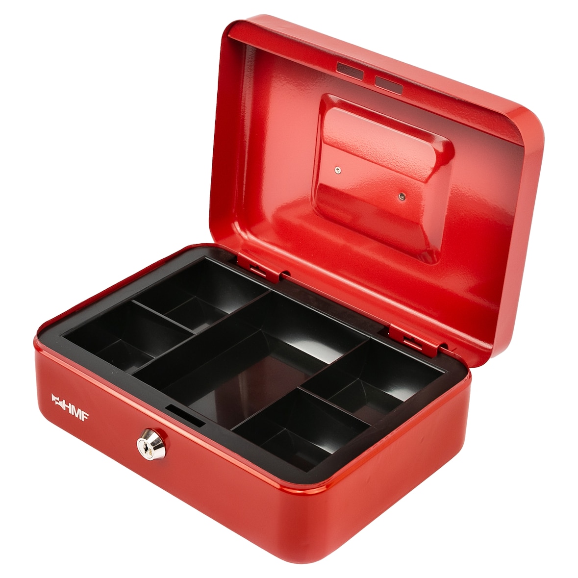 HMF Geldkassette abschließbar, Kasse mit Münzeinsatz, 5 Münzfächer, 25 x 18 x 9 cm, Rot