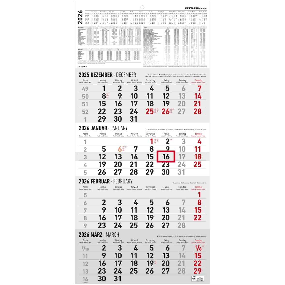 Viermonatskalender 960 30x62,8cm 2026