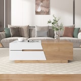 thumbnail of Merax Ausziehbarer Couchtisch, Wohnzimmertisch mit Schubladen, Beistelltisch mit Farbblockstruktur, Weiß und Holzfarbe