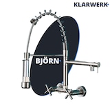 thumbnail of Björn |  Grifo de cocina profesional para hostelería plata cepillada | de acero inoxidable con dos duchas | Grifo doble lavabo pared restaurante