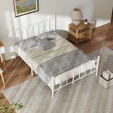 thumbnail of OKWISH Einzelbettgestell 140x200 Metallbett Stahlrahmen stabil 150kg belastbar Kopfteil Muster Anti-Rutsch Anti-Lärm Bettgestell für Gästezimmer Weiß