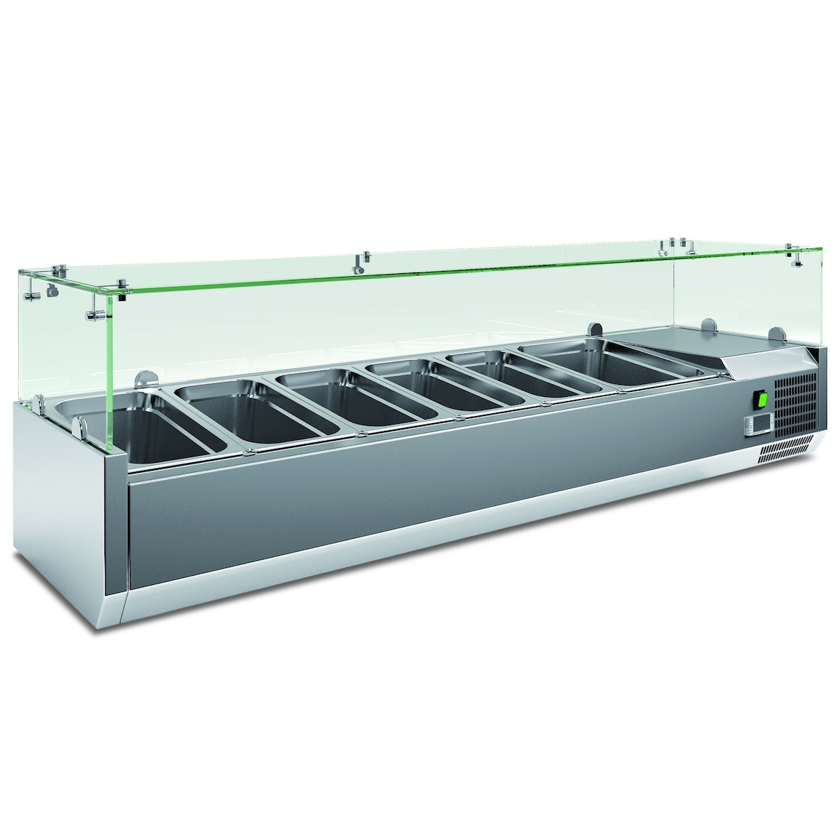 Vetrina portagusti refrigerata inox con sovrastruttura vetro. Termometro digitale. Sbrinamento automatico. Temperatura +2°C/+8°C. Modello RWX1500