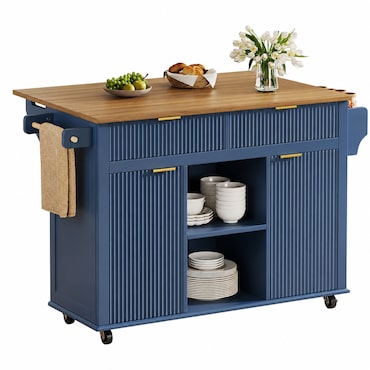 Merax Keukeneiland op wielen 120x45 cm, trolley met inklapbaar werkblad, opbergruimte, kruidenrek, handdoekhouder en 2 laden, marineblauw