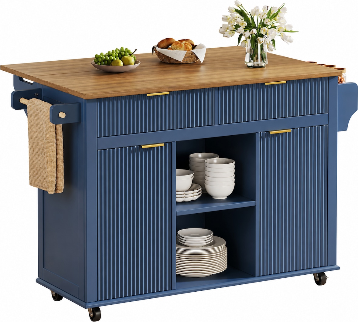 Merax Keukeneiland op wielen 120x45 cm, trolley met inklapbaar werkblad, opbergruimte, kruidenrek, handdoekhouder en 2 laden, marineblauw