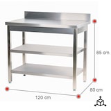 thumbnail of Romux® Edelstahltisch für Gastronomie zur Wandmontage mit 2 Regalböden 1200x800x850 mm Zerlegbar | Arbeitstisch aus Edelstahl Korrosionsbeständig