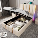 thumbnail of Merax Polsterbett USB Type C Ladefunktion APP-Control LED Einzelbett 90×200 Stauraumbetten Bettgestell, Lattenrost aus Holz, Beige Leinen