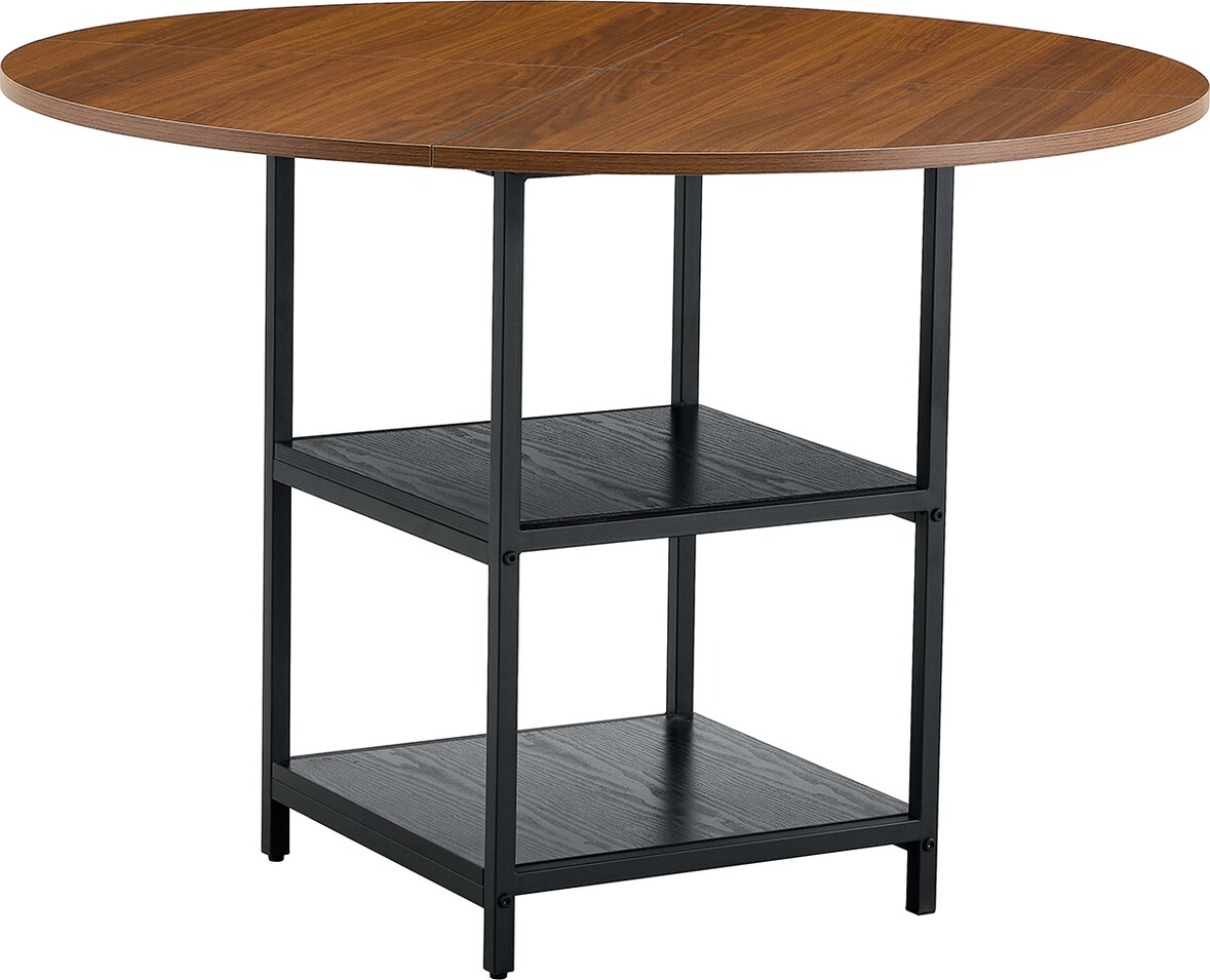 Esstisch rund MDF in Nussbaum-Optik und Metall Schwarz, 107x107x75 cm, mit 2 offenen Ablagen für 2–4 Personen