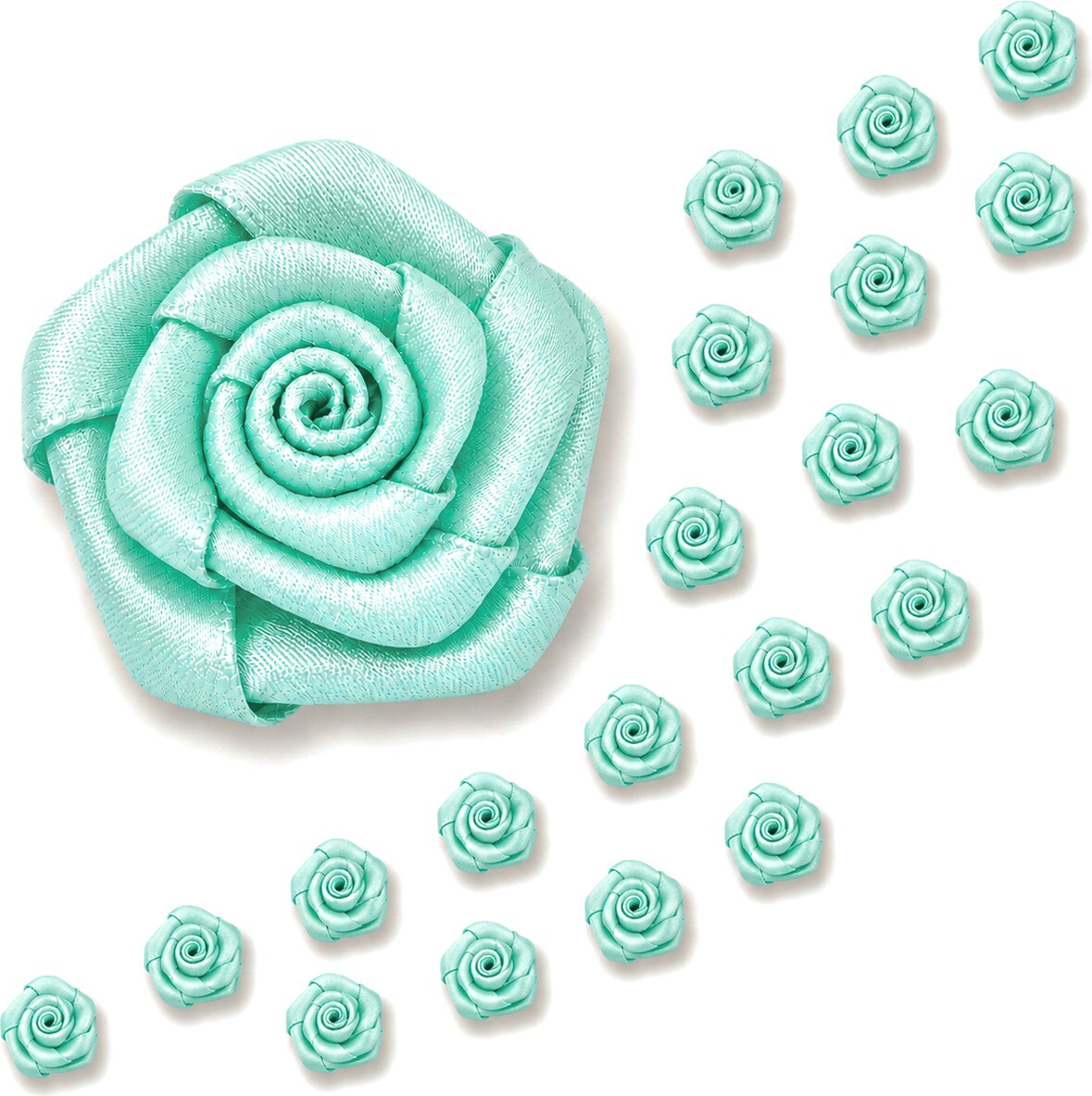 20 Satinrosen 15mm kleine Rosenköpfe Stoffrosen mini Stoffblumen Satinröschen Streudeko Tischdeko Vasenfüllung Geschenkdeko Floristik Helltürkis