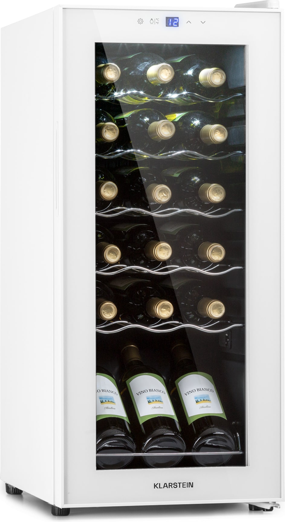 Klarstein Shiraz 18 Slim Uno Weinkühlschrank 50l 18Fl Touch-Bedienfeld 5-18°C Weißes Glas