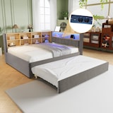 thumbnail of Schlafsofa 140x200 ausziehbar 90x190 mit LED-Beleuchtung, USB/Type-C-Anschlüssen und Stauraum – modernes Flanell Dunkelgrau