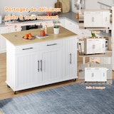 thumbnail of Kücheninsel 120x40x90 cm mit ausziehbarem 3-stufigem Organizer, klappbarer Arbeitsfläche, Rollen und Handtuchhalter, Weiß und Natur, MDF