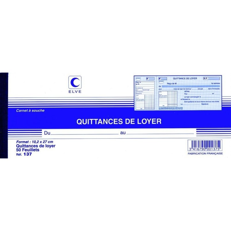 Lot de 10 Carnet à souche Quittances de loyer - 102 x 270 - 50 feuillets