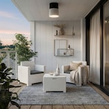 thumbnail of Conjunto de jardín SALINA en resina efecto ratán con cojines desenfundables, compuesto por sofá de dos plazas, dos sillones y mesa contenedor – Blanco