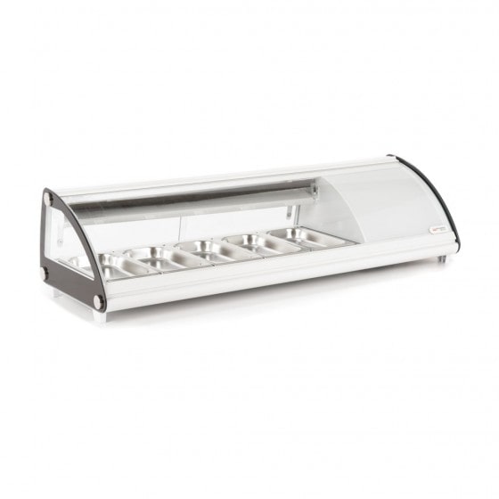 Vetrina Frigo per Sushi da Banco Refrigerata - Vetro frontale curvo apribile - Motore incorporato - Bianca - 5 gn 1/3 - 130,7x45x33h cm