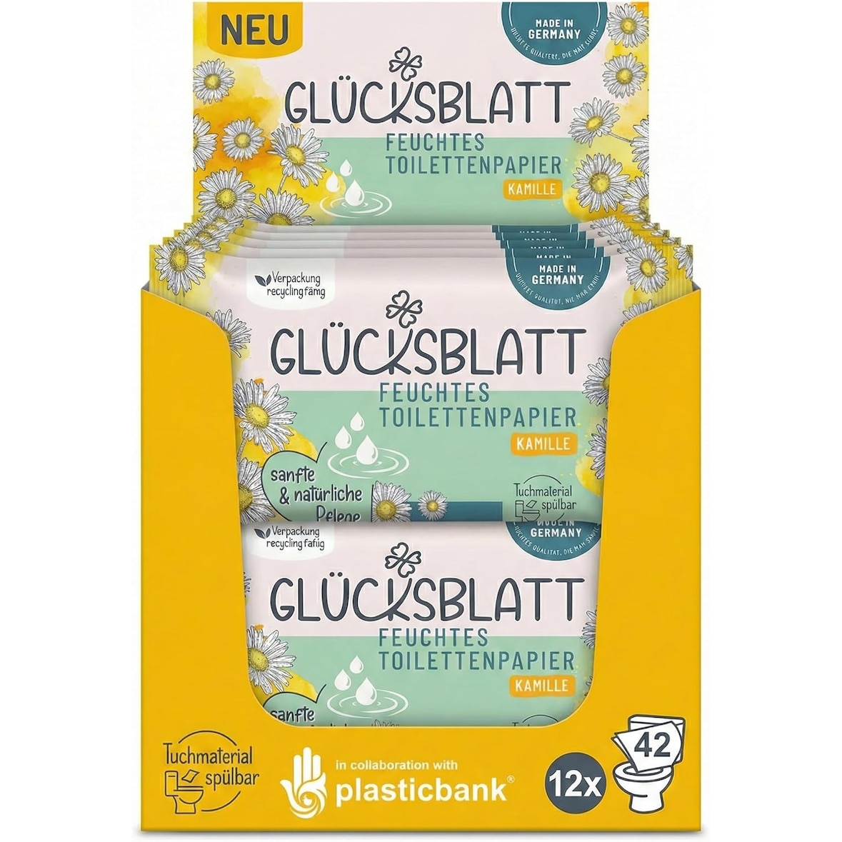 Feuchtes Toilettenpapier KAMILLE, 12 x 42 Tücher, natürliche Pflege dank Kamillenextrakt, milde Reinigung, dermatologisch getestet