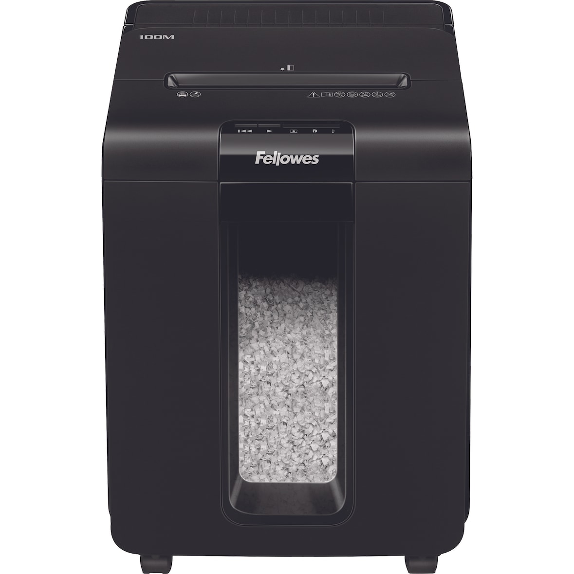 Destructora trituradora Automática Fellowes 100M, uso personal, destruye hasta 100 hojas en minicorte de 4x10mm, DIN P-4, papelera 23L/175 hojas