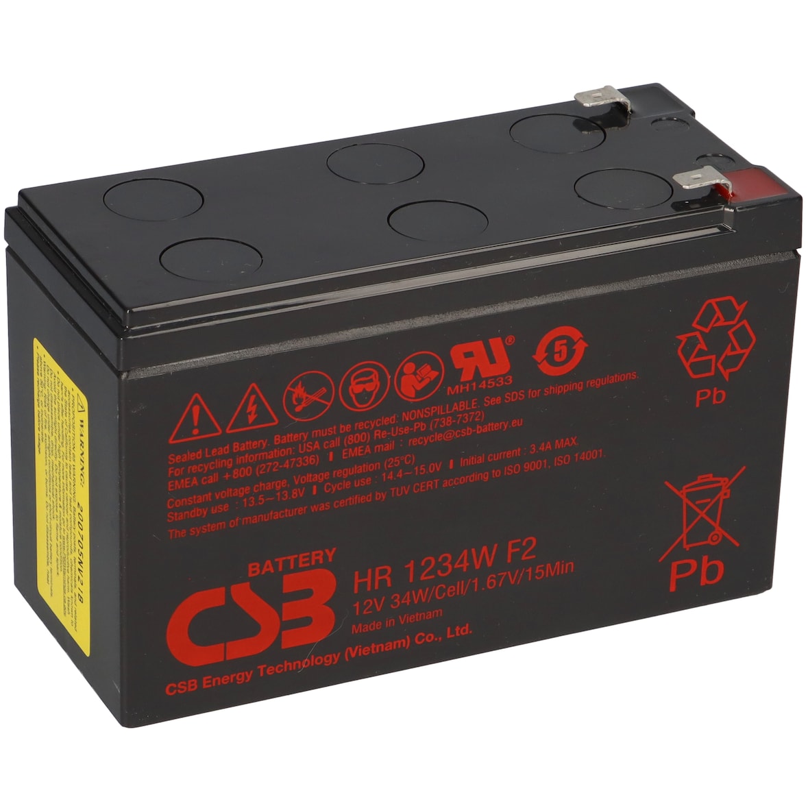 CSB HR 1234W F2 – 12 V AGM Bleiakku, High-Rate 34 W/Zelle (1,67 V/15 min), Faston F2 (6,3 mm)
