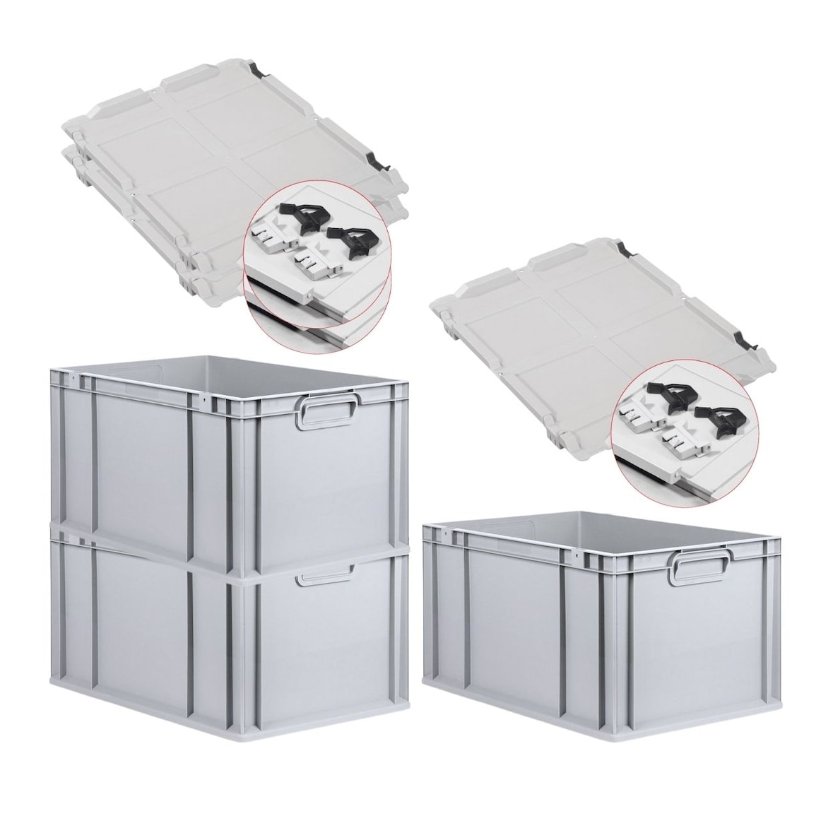 PROREGAL 3x Eurobox NextGen Grip mit Scharnierdeckel & schwarzen Verschlüssen | HxBxT 32x40x60cm | 65 Liter | Griffe geschlossen | Verstärkter Boden