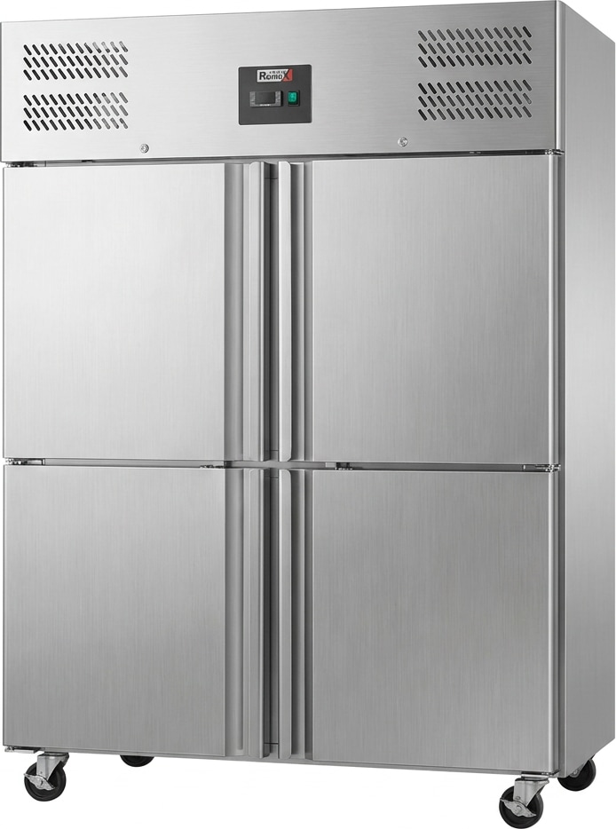 Romux® Kühlschrank mit 4 Türen 134 cm mit Umluftkühlung | Gastro Kühlschrank aus Edelstahl mit 1200 L Kapazität - 6 Einlegeböden und 400 W