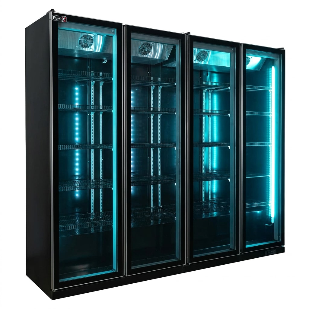 Romux® Professional Vitrine Réfrigérée MD 4 Portes Noir 2200 Litres avec éclairage LED Ventilées | Réfrigération Verticale Positive