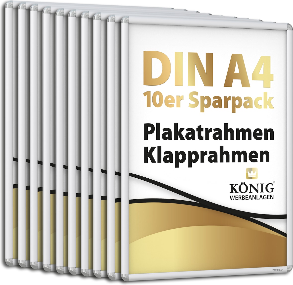 10 Plakatrahmen DIN A4 | abgerundete Ecken | 25mm Alu Profil, silber | Alu Klapprahmen Wechselrahmen Posterrahmen | 10er Sparpack | Dreifke®