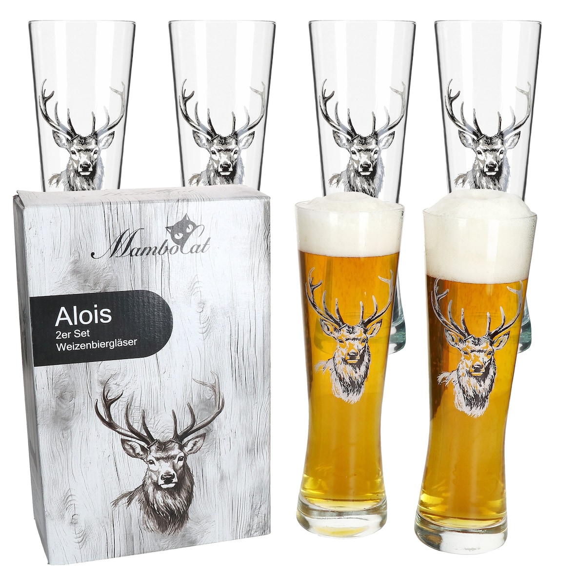 Alois 6er Set Weizenglas 0,5 L Hirschmotiv Geschenkverpackung