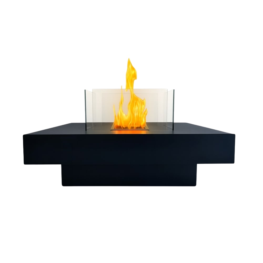 Bioethanol-Kamin für den Innen- und Außenbereich Biokamin mit Brenner, Standmodell aus Stahl und schwarzem Hartglas, 70 x 70 x 35 cm (H)