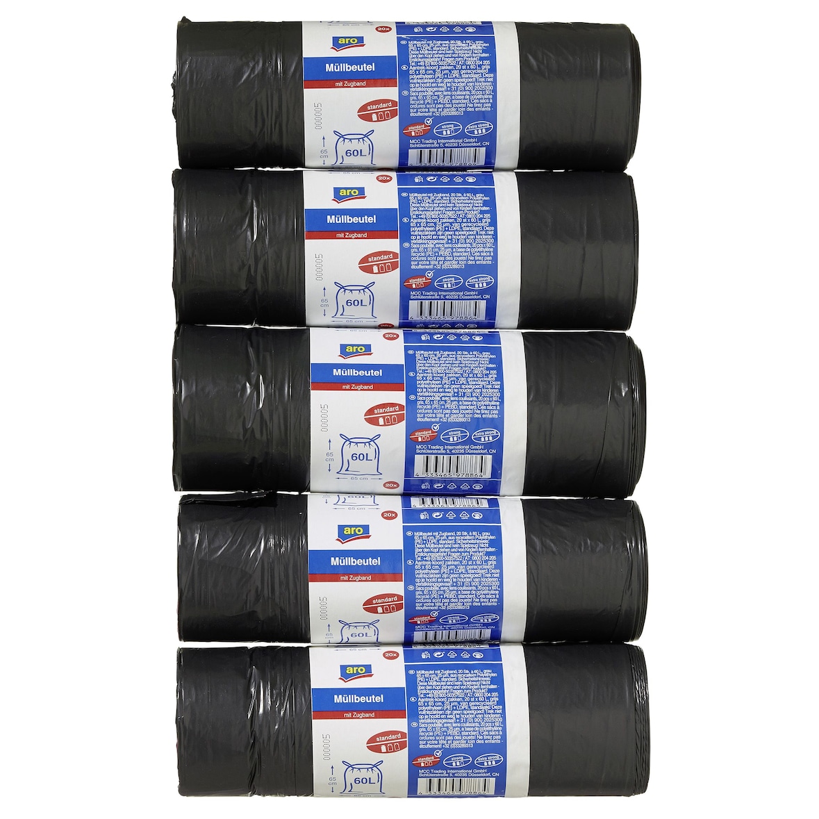 aro Müllbeutel, HDPE / LDPE, 25µm, 65 x 65 cm, 60 L, schwarz, 5 Rollen x 20 Stück (100 Stück)