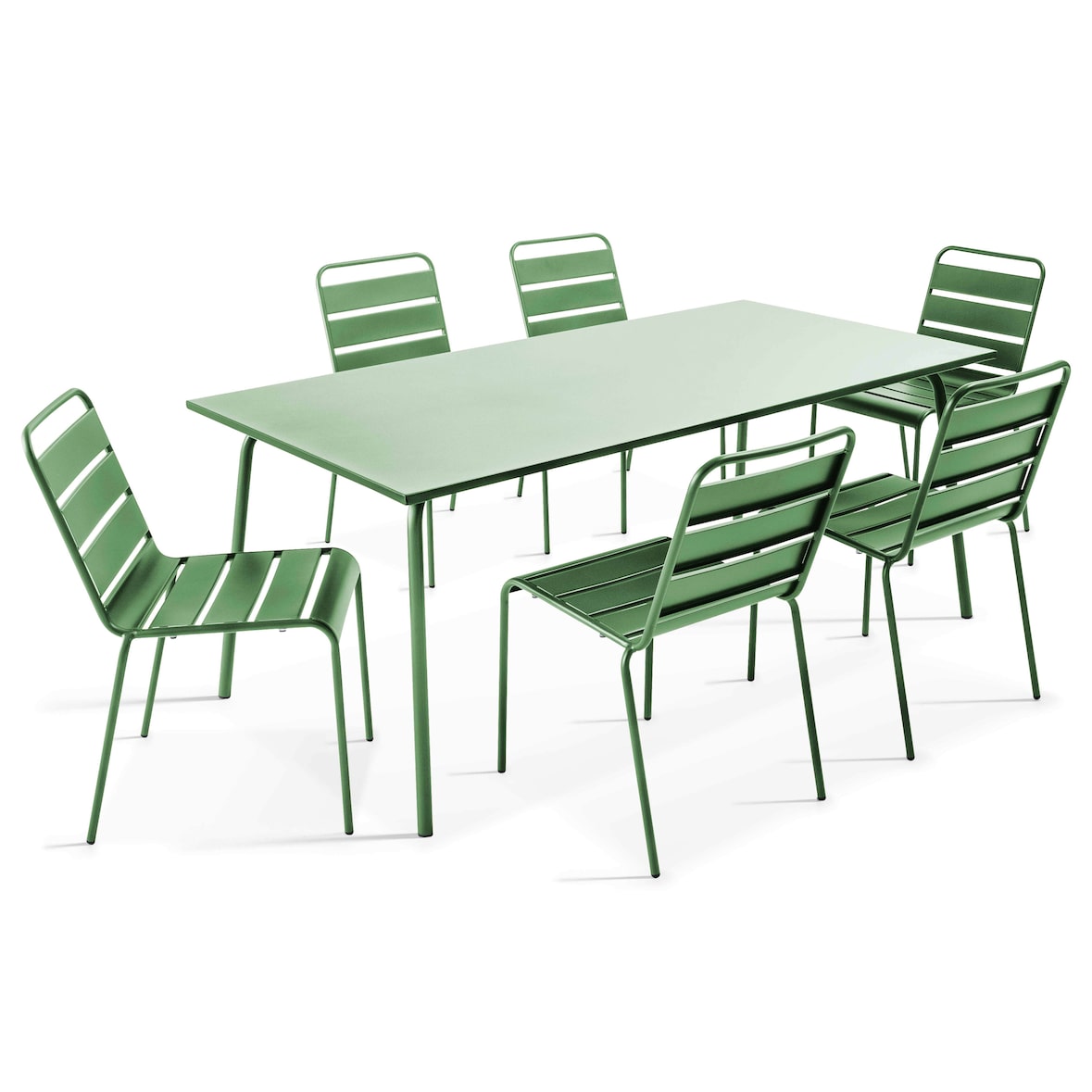 Set van tuintafel en 6 cactusgroene metalen stoelen