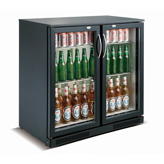 Barkühlschrank STERLET | 2x abschließbare Glastür + LED | 198 Liter, HxBxT 90x90x50cm | +2/+10°C | Schwarz | + CHEFGASTRO Geschirrtuch