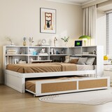 thumbnail of Multifunktionales Schlafsofa 140x200 weiß Massivholz mit Ausziehbett & Stauraum - Inklusive Ladesteckdosen, platzsparendes Gästebett mit Rattan-Design