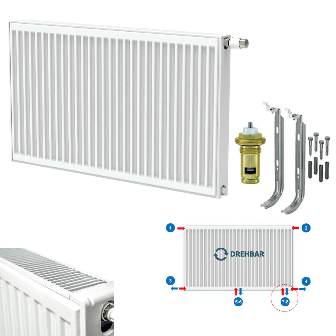 Belrad Typ 22 Universalheizkörper Ventilheizkörper Mittelanschluss mit 8 Anschlüssen 700 x 600 (HxB)-1176w