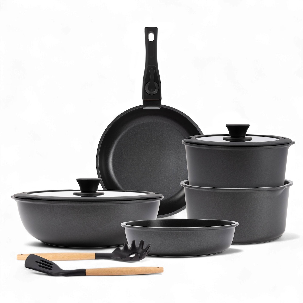 BERGNER Click&Cook - Batería de Cocina 10 Piezas Color Negro con Mango Extraíble: 3 Sartenes, 2 Cazos, Tapas y Utensilios en Aluminio Fundido