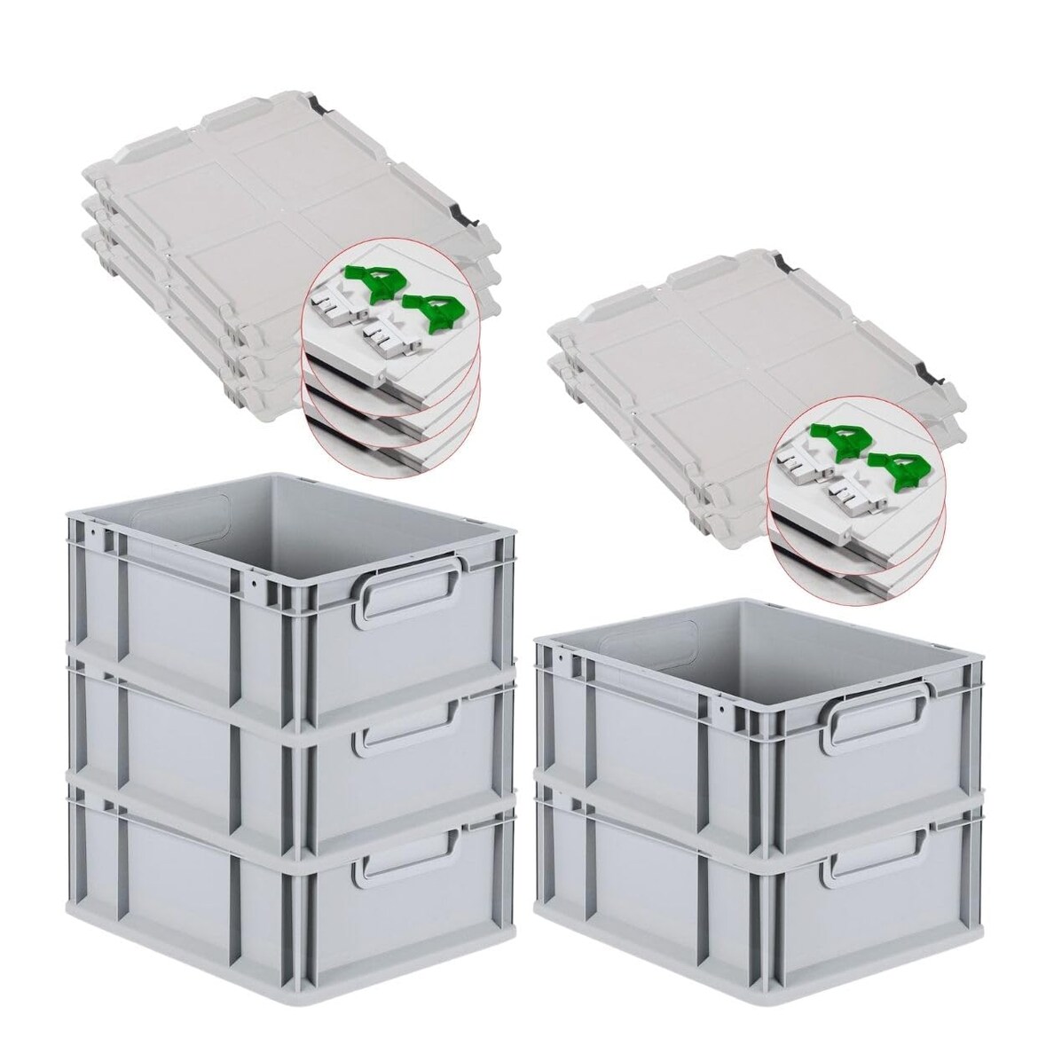 PROREGAL SuperSparSet 5x Eurobox NextGen Economy mit Scharnierdeckel & grünen Verschlüssen, Griffe zu, HxBxT 17x30x40cm, 16L, Eurobehälter, Box