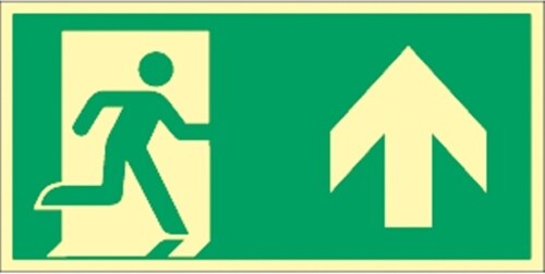 Schild Notausgang rechts Pfeil oben, ISO 7010, Kunststoff, nachl., 160-mcd, 297x148 mm