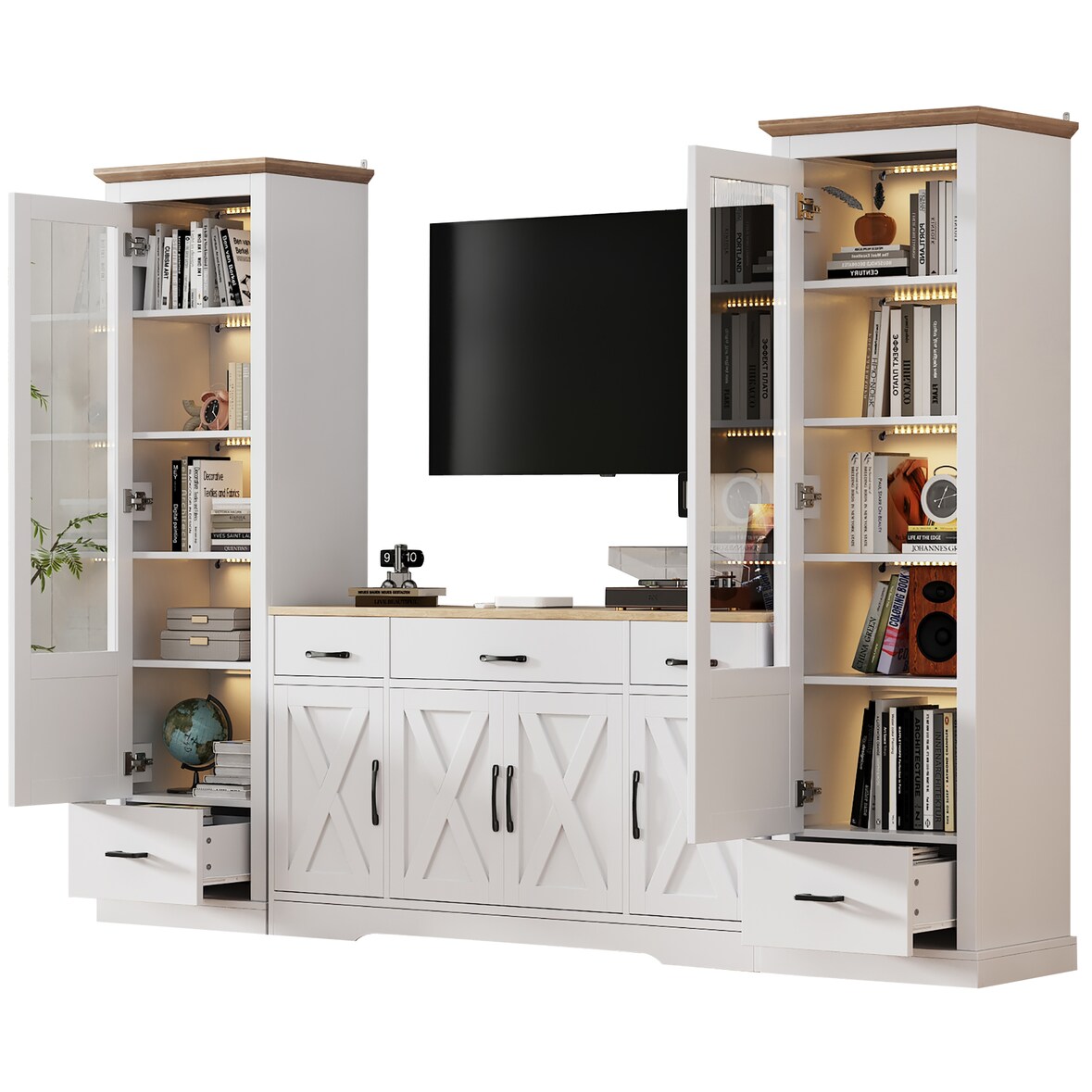 Wohnzimmer Set Combo Zwei Moderne LED Vitrinen 178x50x35 cm und ein Modernes Weißes Esszimmer Sideboard 160x37x75 cm mit Dekoration