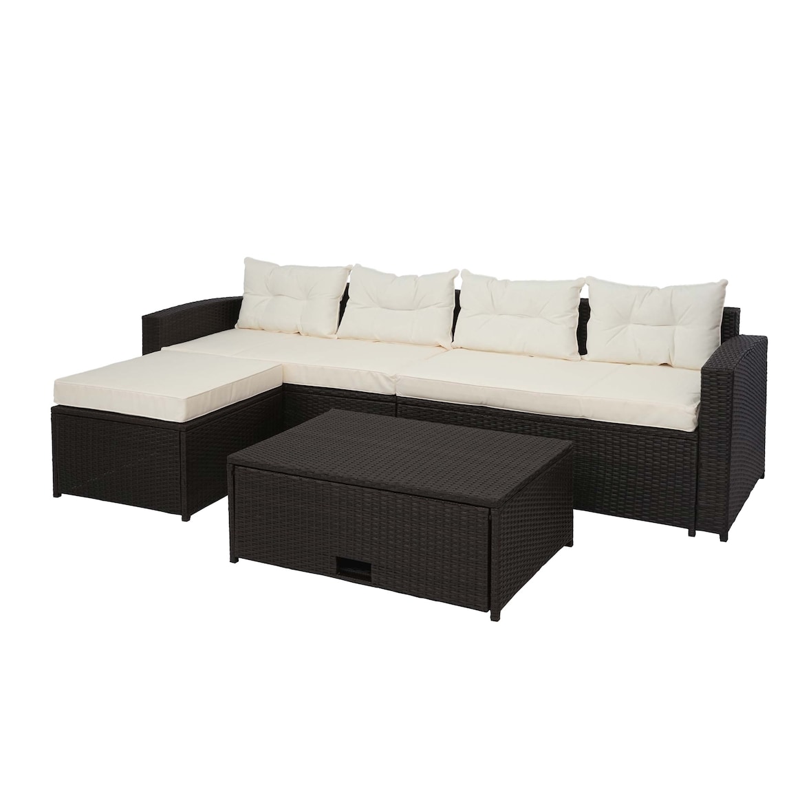 Poly-Rattan Garnitur HWC-J34, Balkon-/Garten-/Lounge-Set Sitzgruppe Sofa, Staufach ~ braun, Kissen creme-beige