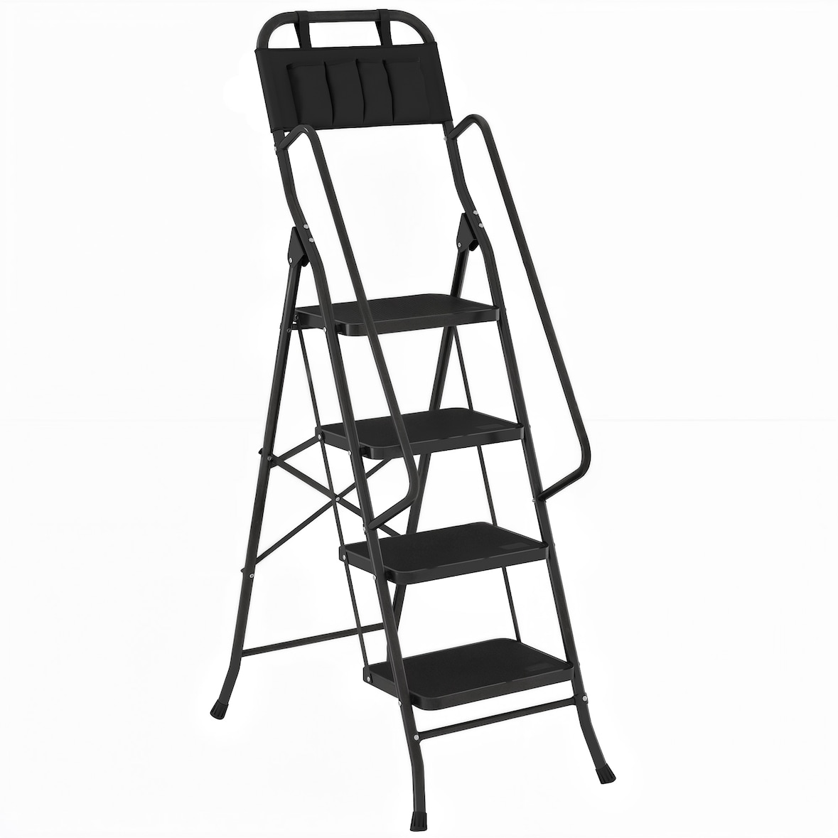 HOMCOM escalera plegable de 4 peldaños con bolsa de herramientas, carga 150 kg, con peldaños anchos antideslizantes, bloqueo de seguridad, negro