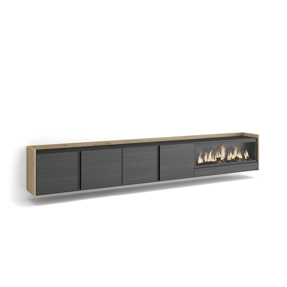 TV-Schrank, Lowboard, 315x50x35 cm, Für TV-Geräte bis zu 80", Elektrokamin XXL, Hängend, Schwarz Eiche