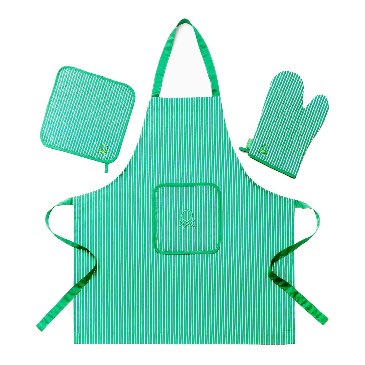 Benetton - 3-tlg. Set Schürze (Schürze + Ofenhandschuh + Topflappen) 100% Baumwolle 190Gsm Grün Rainbow Be