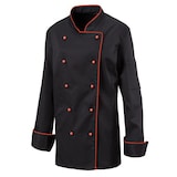 thumbnail of 219 - Damenkochjacke langarm, taillert, Fb. schwarz, mit farbiger Paspel : rot 65% Polyester 35%Baumwolle 220 g/m² S