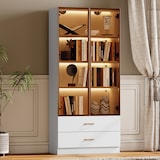 thumbnail of Badezimmerschrank 75x34x170 cm Weiß mit 2 großen Schubladen, 2 Glastüren und Lichtleiste für Badezimmer und Wohnräume