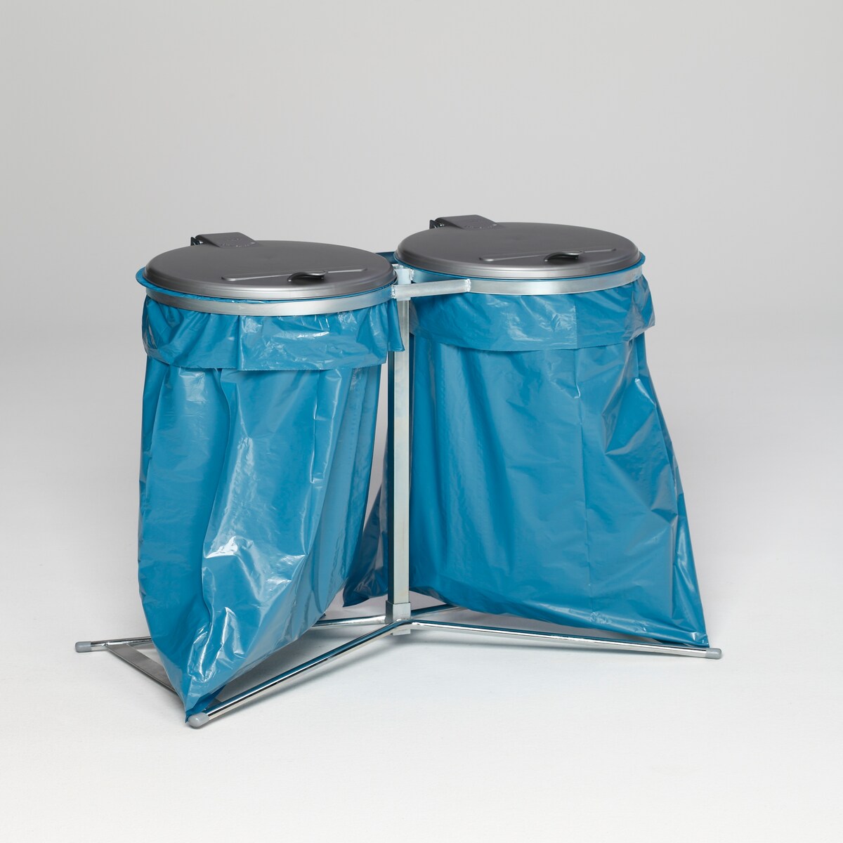 PROREGAL Robuster Doppel-Abfallsammler mit Kunststoff-Deckel | Stationär | 2x 120 Liter, HxBxT 98x85x48cm | Stahl | Verzinkt-Silber | Mülleimer