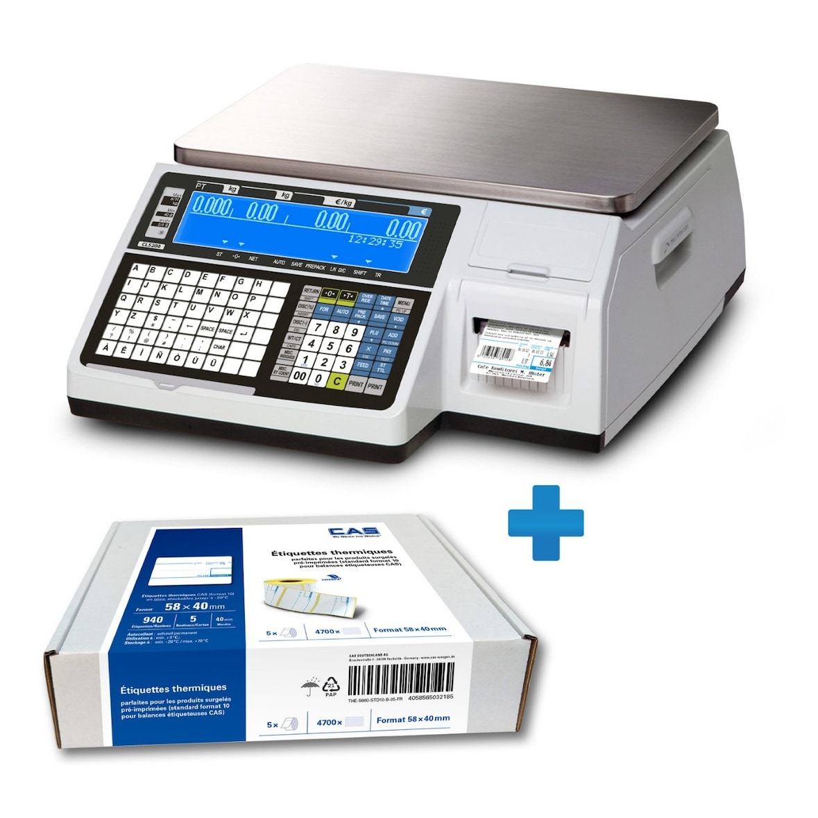 CAS CL5200N, balance étiqueteuse  homologuée, portée 6/15kg, échelon 2/5g + 05 rouleaux des étiquettes préimprimées en bleu