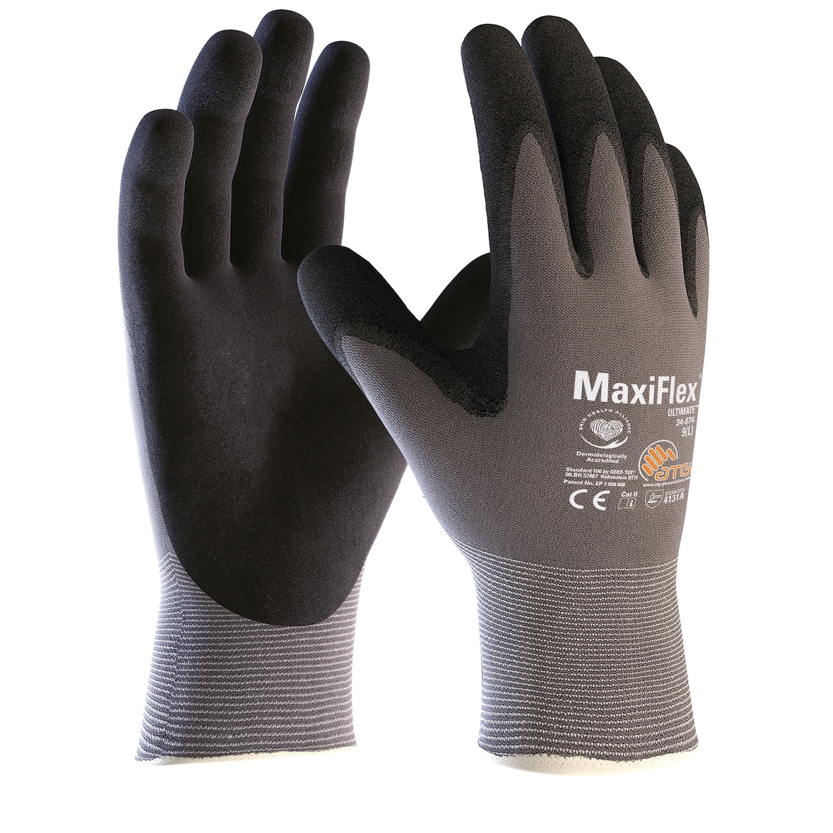 12 Paar Maxiflex Ultimate Nylon-Strickhandschuhe grau/schwarz, ATG 34-874  - Größe 11 (XXL)