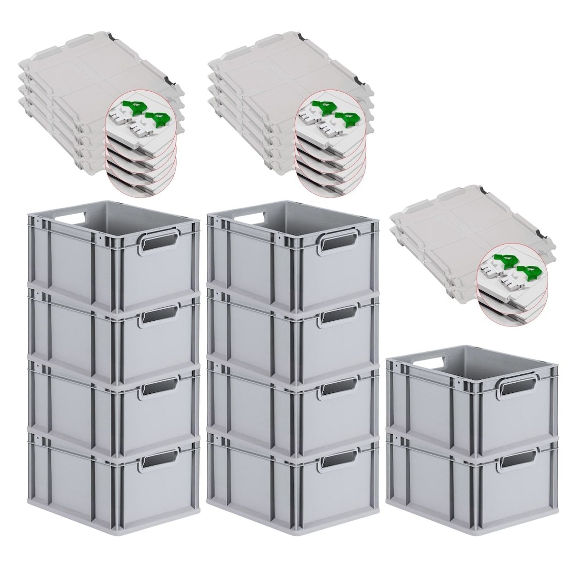 PROREGAL 10x Eurobox NextGen Grip mit Scharnierdeckel & grünen Verschlüssen | HxBxT 22x30x40cm | 20 Liter | Griffe offen | Glatter Boden